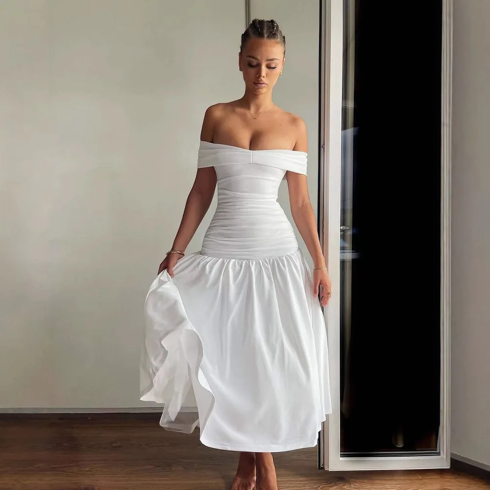 

Women's clothing ins off-the-shoulder one-word collar temperament fashionable elegance sexy pleated zipper dress