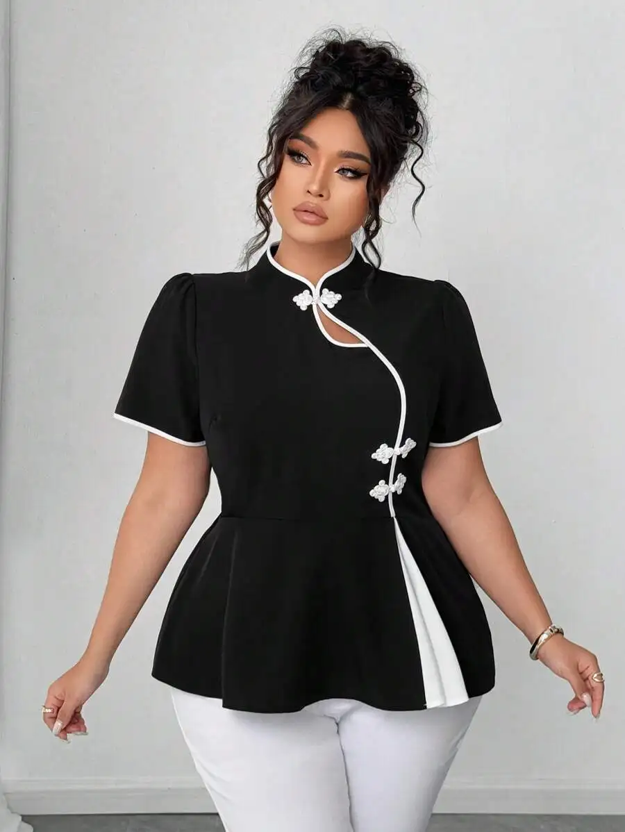 

Plus Size Peplum Short Sleeve Top With Button Placket Minimalist Daily Shirt
