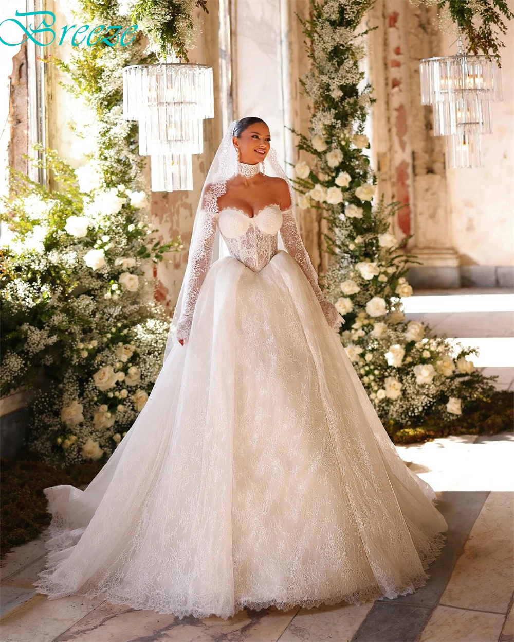 맞춤형 섹시한 화이트 레이스 로브 드 마리에 포멀 보트넥 긴 소매 웨딩드레스 매력적인 A라인 채플 트레인 웨딩드레스