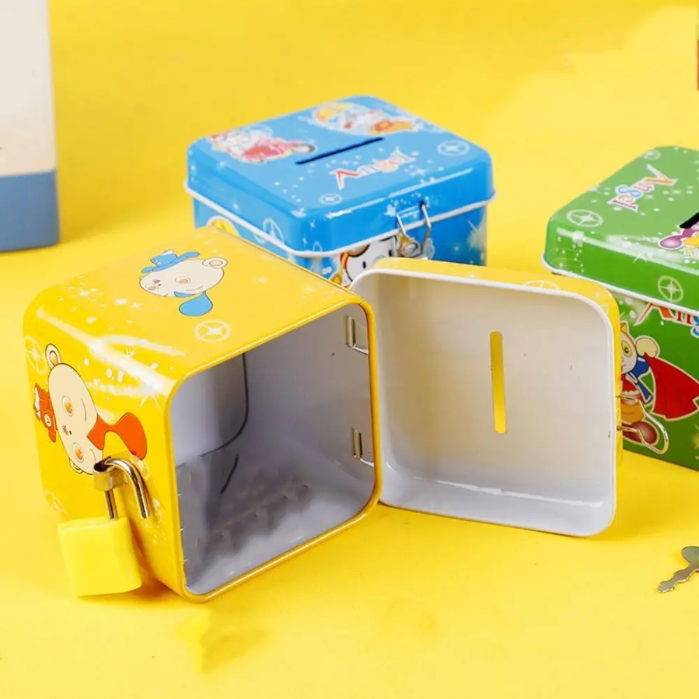 With Lock and Key Tinplate Piggy Bank High Capacity Cartoon Print Design Coin Savings Box Iron Art Cute Kids Storage Jar