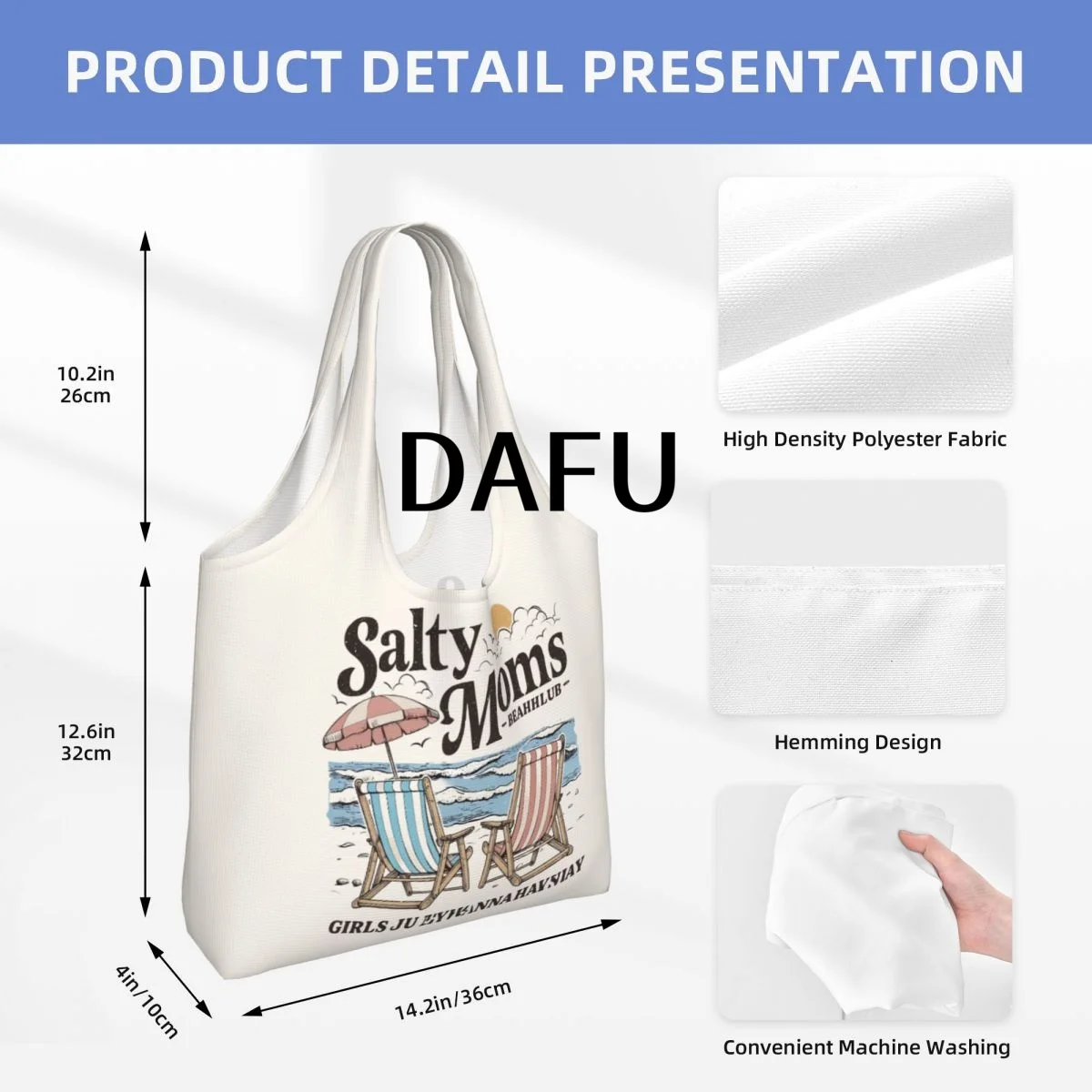 Salty Moms Beach Club Large Capacity Canvas Tote Bag Single Shoulder Work Commute Bag For Women Eco-Friendly Shopping Bag