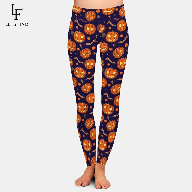 LETSFIND Legging Wanita Baru Seksi Celana Motif Digital Desain Labu Tengkorak Hantu Legging Kebugaran Pinggang Tinggi