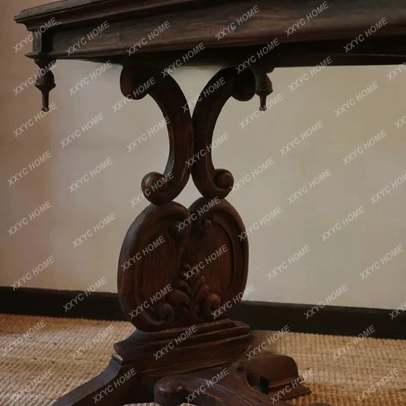 Vintage Solid Wood Desk Vintage Carved Writing Desk Mid Century Modern Rectangular Long Table Dining 、