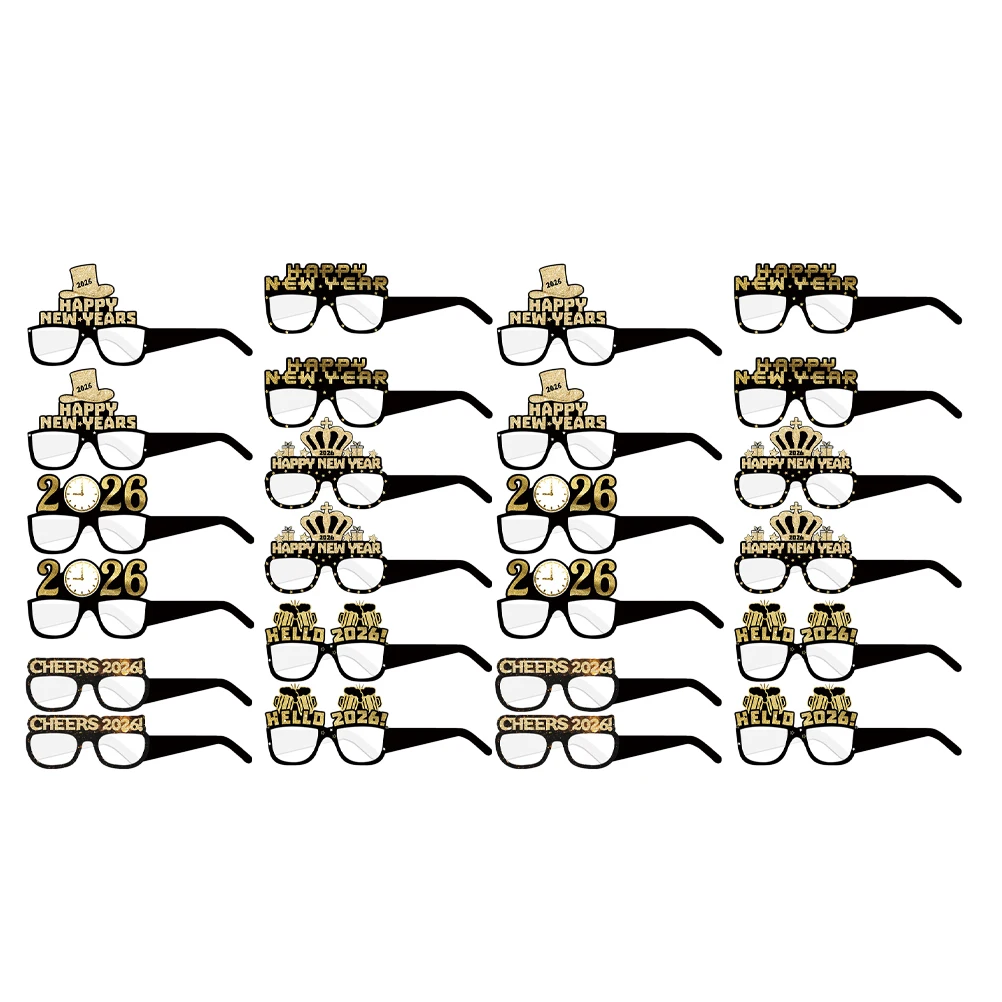 

24Pcs New Year Paper Eyeglasses Black Gold Glitter Party Essentials for Photo Booth and New Years Eve Fun Party Glasses