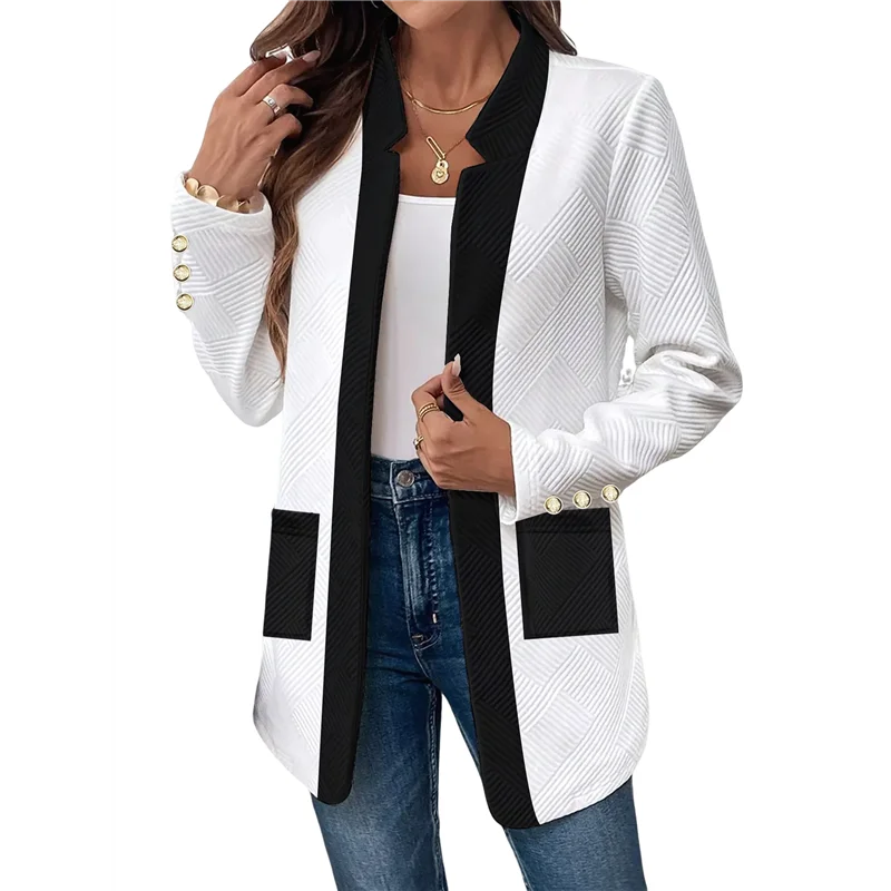 P5-Long Sleeve Notch- طوق أبيض وأسود اللون مطابقة سترة الزي للنساء الأساسية خريف شتاء