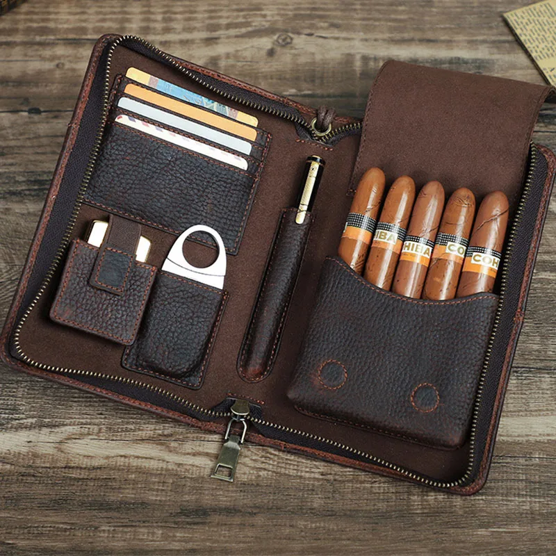 Cigar Case Set All-In-One Cigar Accessory Organizer Genuine Cowhide Leather 5 Cigar Slot Cutter Lighter Travel Storage Bags