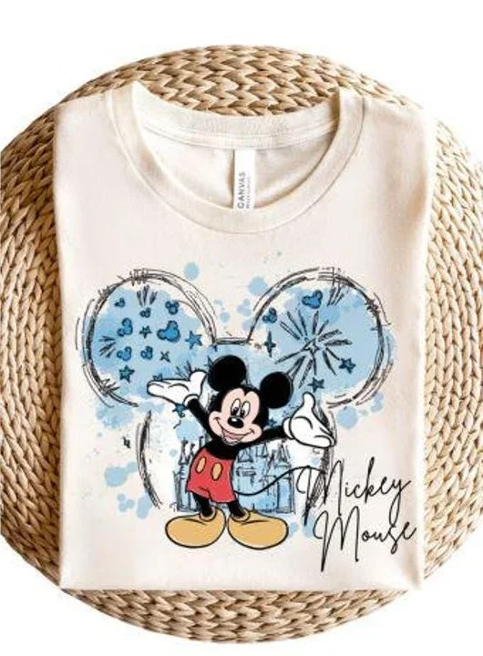 Sketch Mouse Head Castle Firework Character Print T-shirt, Cream Cotton Casual Tee Suitable For Park Trip Daily Street Outfits