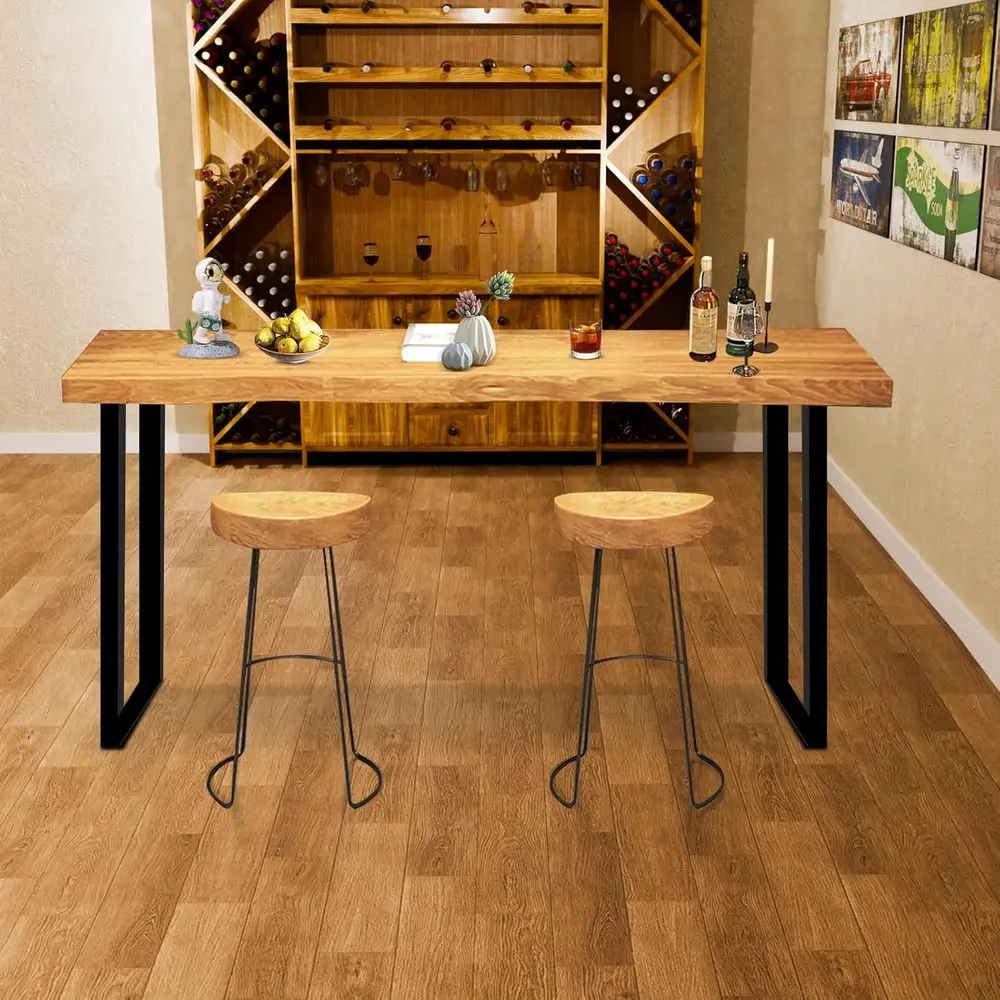 Solid Wood Counter Height Table, Rectangular High Top Pub Table with Metal Frame, Suitable for Bars, Cafes, and Outdoor Spaces (