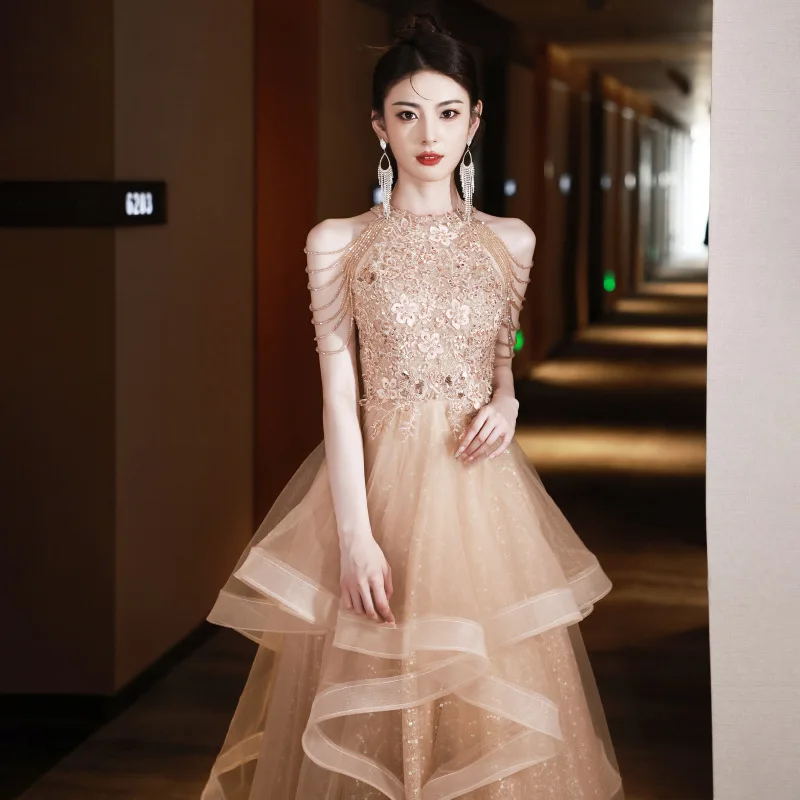 Vestido de noche dorado con cuello redondo para mujer, vestidos de noche elegantes para banquete de boda, vestido Formal de fiesta, vestidos de graduación, vestido de lujo