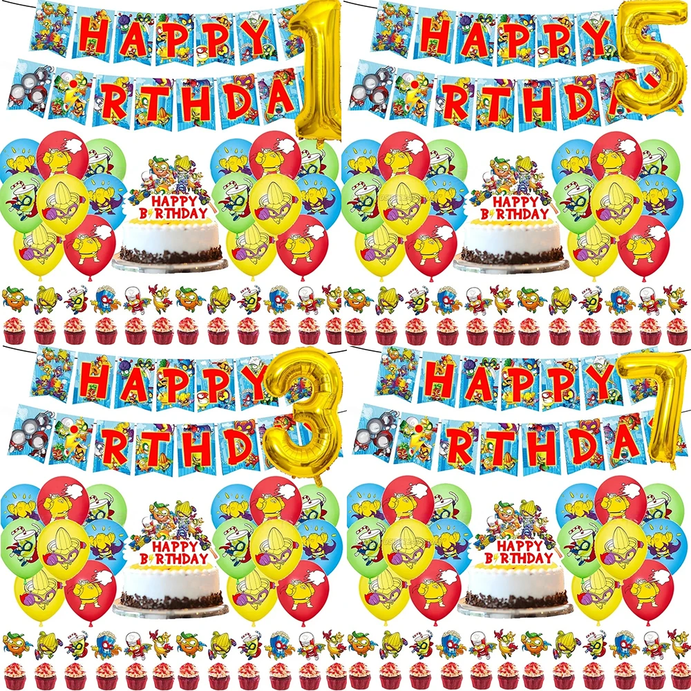 Cartoon Superthings Themen-Geburtstagsparty-Dekorationen Superzings Spielbanner Luftballons Tortendekoration Partyzubehör Babyparty-Geschenke