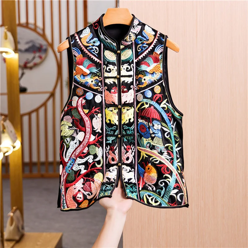 High-end Spring Autumn Acetate Vest Embroidery Flowers in Traditional Chinese Style Single breasted Fashion Vest S-XXL