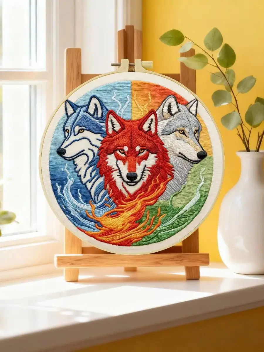 1 Stück 20X20CM/15X15CM 7,87/6,3 Zoll Das Dreifarbige Wolf-Stickerei-Starter-Kit DIY-Kit DIY-Stickerei-Set Handarbeiten – Detail 6