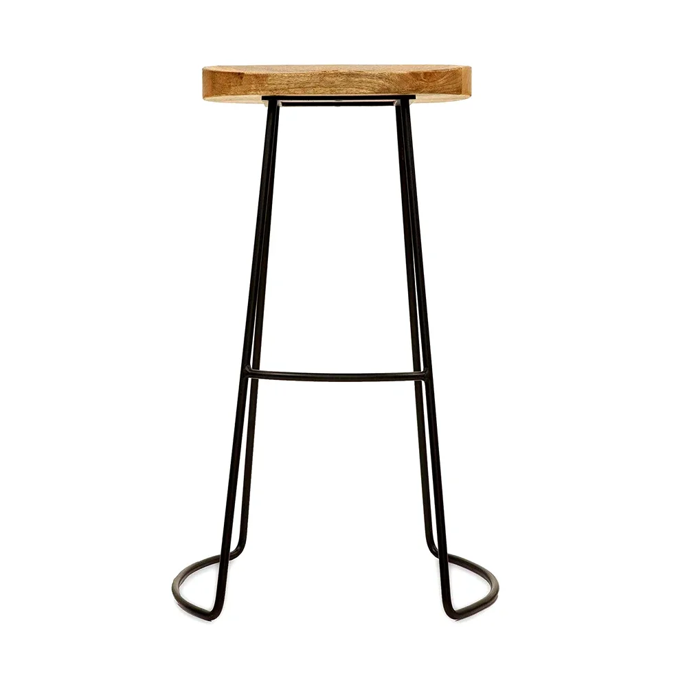 Taburete de bar, patas recubiertas en polvo negro con tapa de madera de mango, sillas de bar de metal, taburetes de bar grandes y modernos a la venta