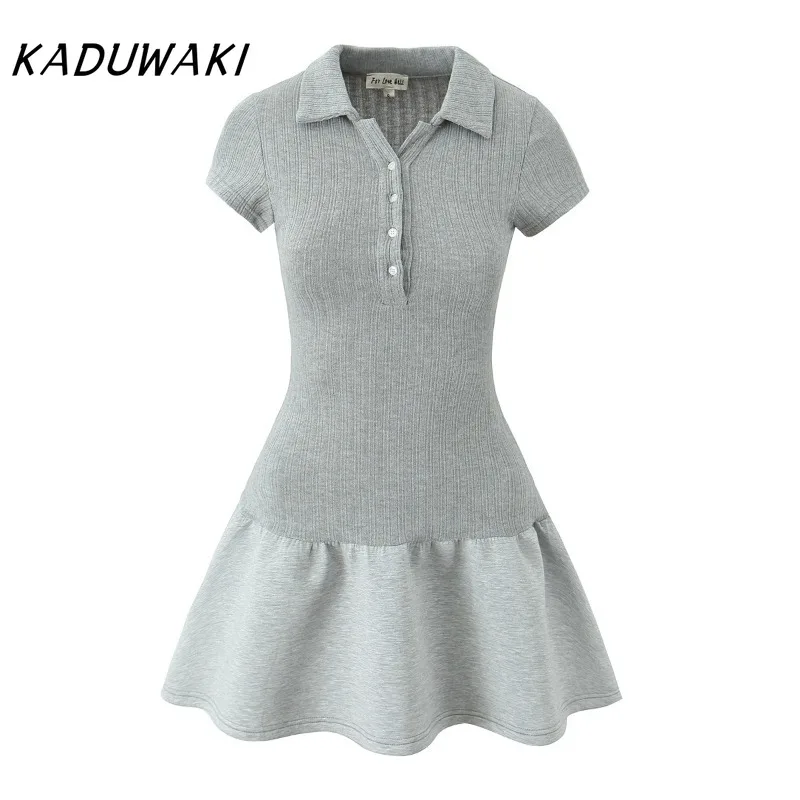 KADUWAKI Summer Ribbed Knit Fashion MIni Dresses Women's Short Sleeve Lapel High Waist Patchwork Commute Autumn Bodycon SunDress