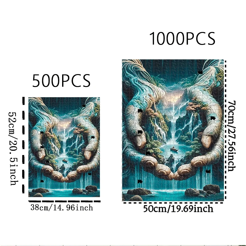 Handen, landschap en waterval met bootpuzzel - 500 stuks/1000 stuks volwassen puzzel voor interactieve familiespellen en kamergenootverlijming