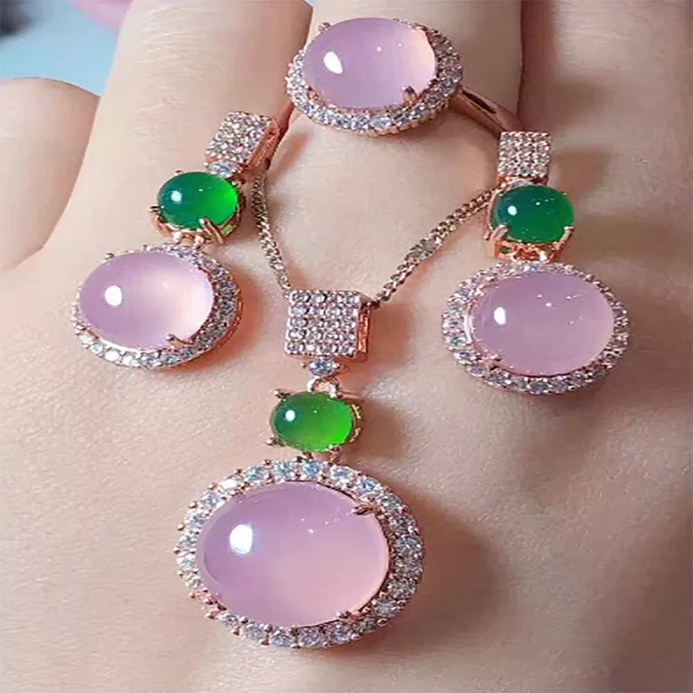 Natural powder chalcedony pink pendant ring earring necklace set