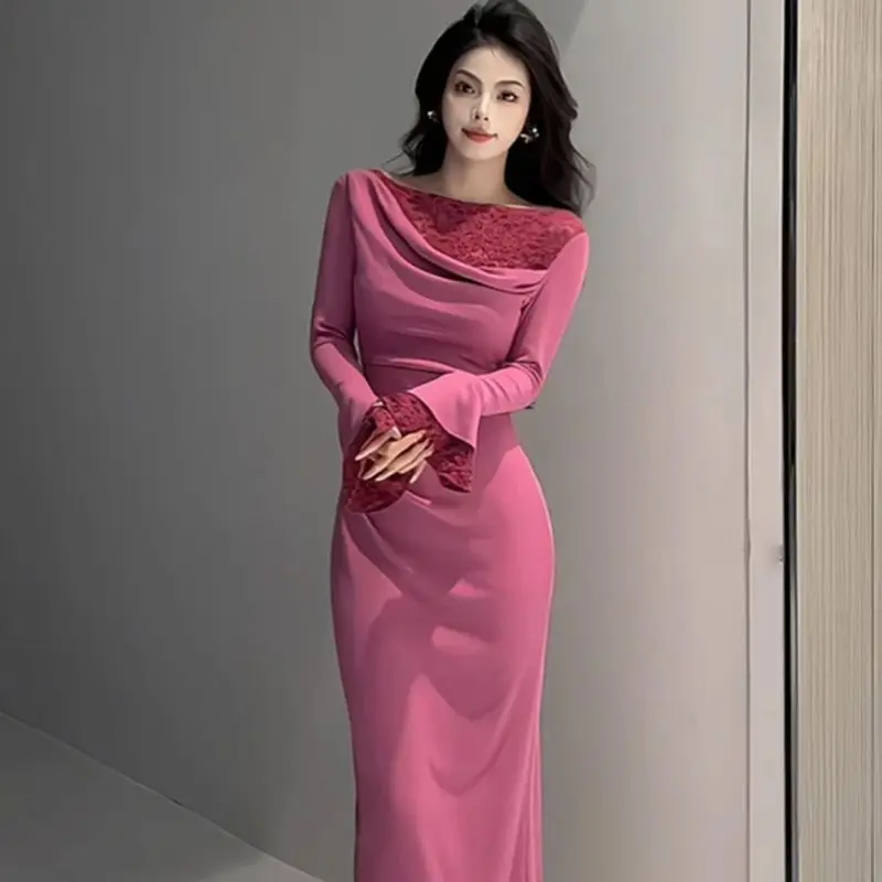 French Style Fashionable Long Sleeved Dress with a High-end Feel New Style Slimming and Age Reducing Look Knee Length Dresses