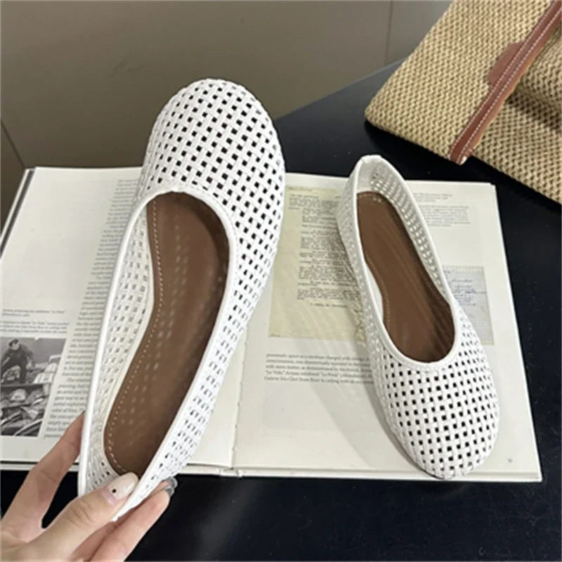 

Aneikeh Light Blue Woven Mesh Ballet Flats Women Round Toe Breathable Slip On Casual Loafers Summer Flat Shoes