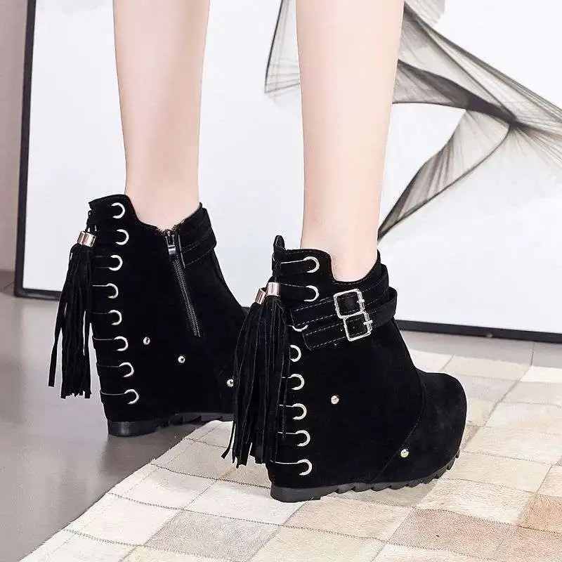 

14cm Wedges Ultra-high Heel Women's Ankle Boots Thick Bottom Tassel Buckle Ladies Shoes Autumn Winter Abrasive Leather Booties