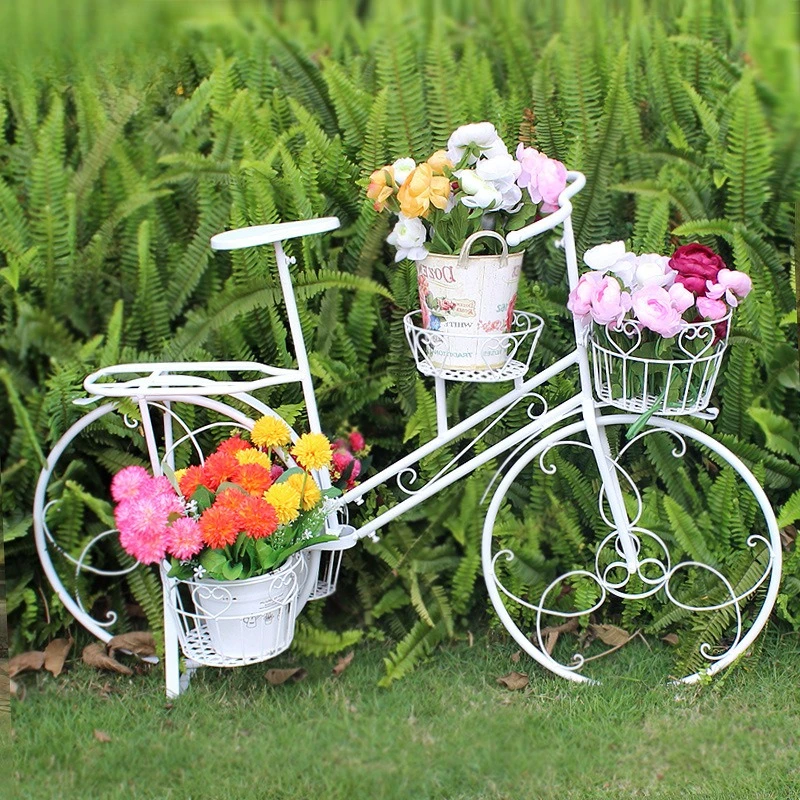 Retro Bicycle Shaped Flower Stand Ornate Iron Garden Decor Artistic Balcony Planter Display Vintage Style Patio Shelf Detachable image 4