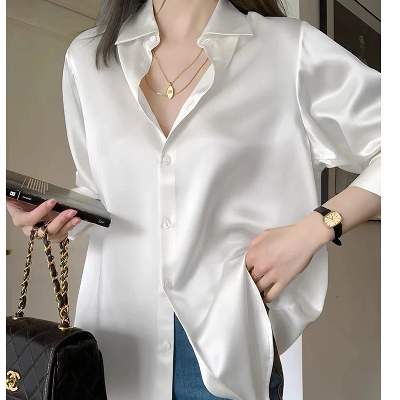 Women Spring Korean Simplicity Loose Solid Color Polo-Neck Long Sleeve Shirts Women Clothes Casual All-match Office Lady Tops