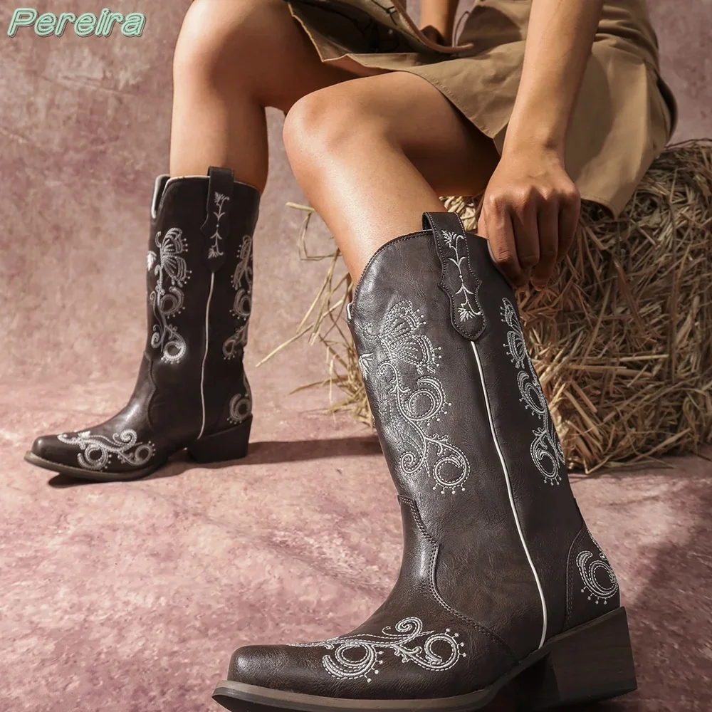 

Butterfly Embroider Boots Knee High Pointed Toe Mid Calf Boots Cowboy Brown Thick Heel Cover Heel 2024 Autumn Winter New Arrival