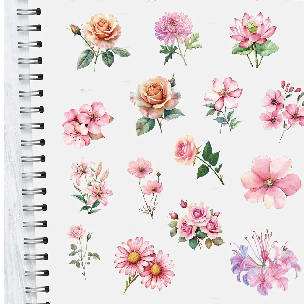 50PCS Rosa Blume Serie Kunststoff Aufkleber Gepäck Handbuch Material Retro Blume Pflanze Wasserdichte Aufkleber