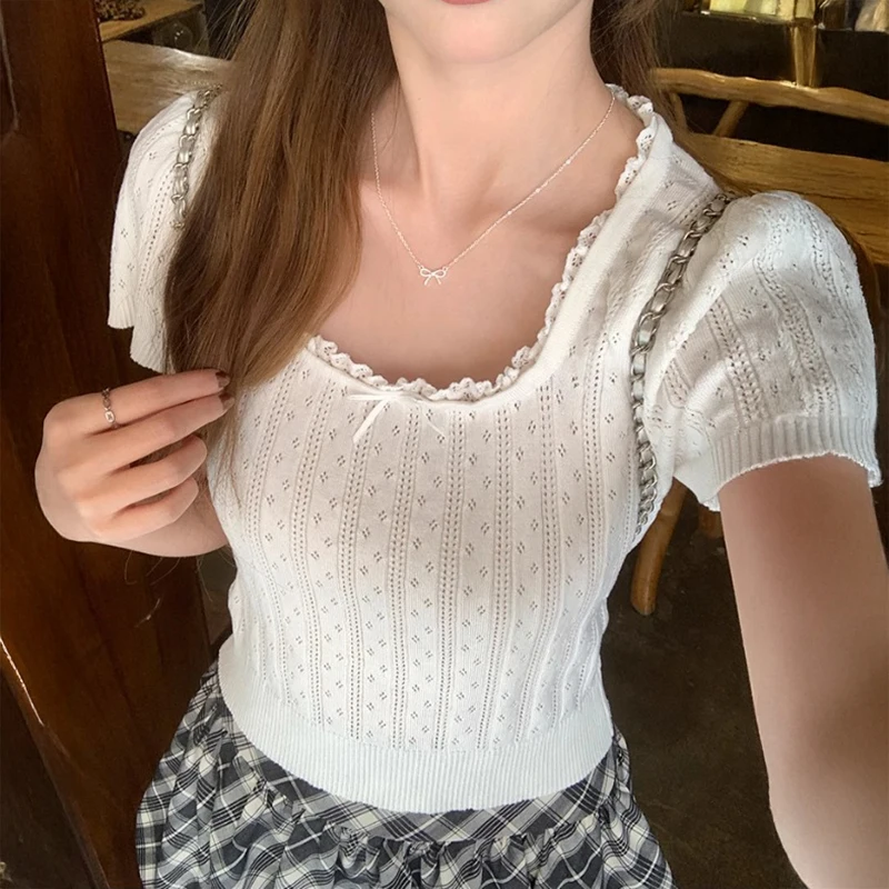 

Short Sleeve Pointelle Knit Top Square Neck Lace Trim Bow Front Crop Top For Women Teen-girl Y2k Coquette Balletcore Outfit