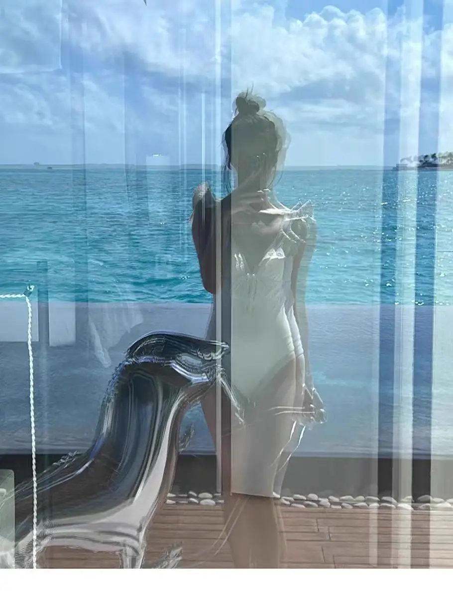 

Conservative White Pure Desire Sle Women's One-Piece Swimsuit with Lace Trim for Swimming And Hot Spring Vaion