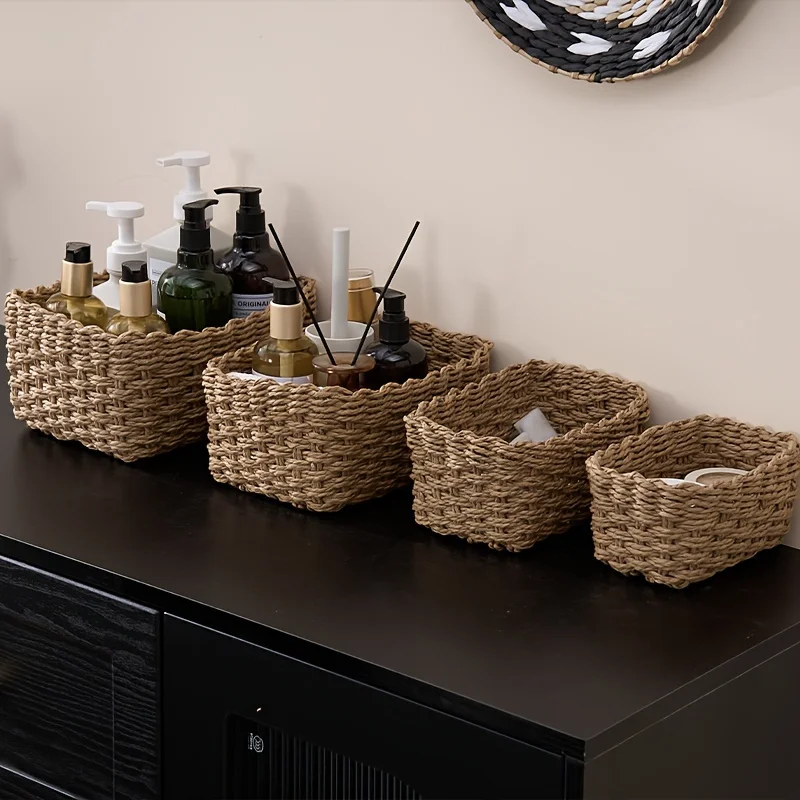 

4 woven Decorative Storage Baskets, Cosmetics, CD Toys, Kitchen, Bathroom, Bedroom, Living Room Accessories