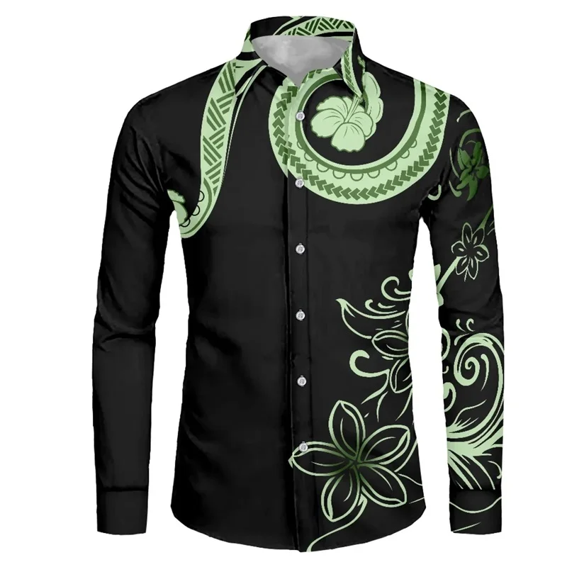 New 3D Print Polynesia Tribe Graphic Hawaii Shirts Long Sleeve Casual Stand-up Collar Fall Shirt Men's Buttons Up Blouse Clothes