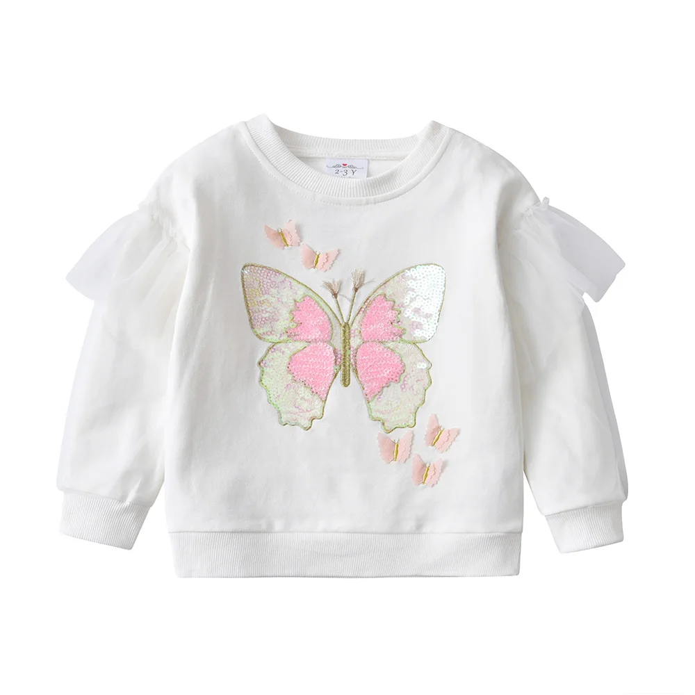 

VIKITA Girls Autumn Spring Sweatshirt Kids Butterfly Sequined Appliqued Long Sleeve O Neck Cotton Casual Sweatshirts Costumes