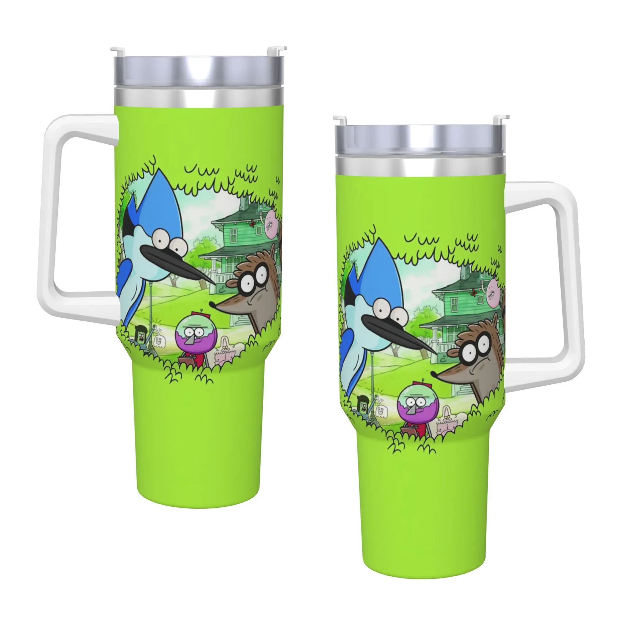 Mordecai And Rigby Regular Show Cartoon Stainless Steel Tumbler Thermal Mug With Straws and Lid 40oz Car Mugs Drink Water Bottle