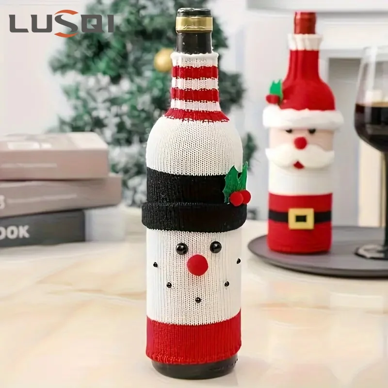 

LUSQI 2Pcs Christmas Wine Bottle Cover Santa Claus Snowman Knitted Wine Bottle Sweater Christmas Dinner Party Table Decorations