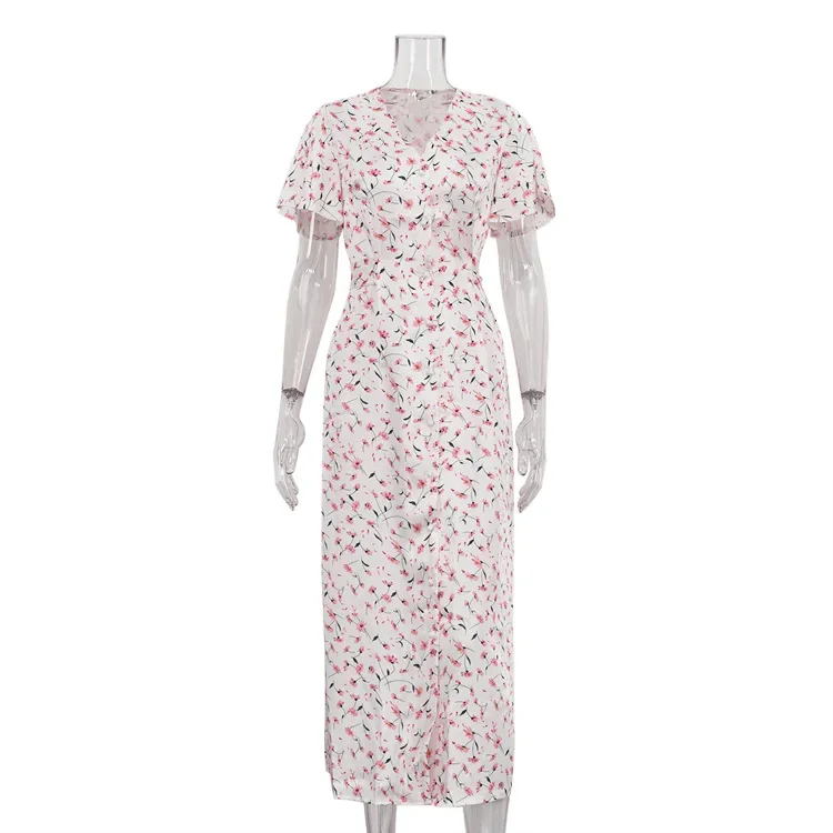 

New Casual Short Sleeved V-Neck Tied Floral Shirt Dress With a Slimming Waist And a Slimming Look For Women's Wear