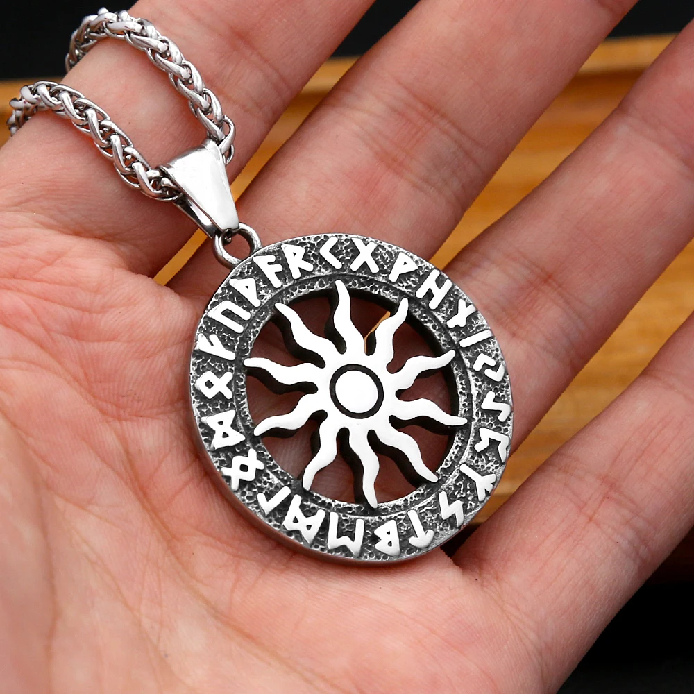 خمر الشمس الله أبولو قلادة قلادة الأزياء جولة الشمال الفولاذ المقاوم للصدأ فايكنغ رون قلادة الرجال تميمة المجوهرات هدية