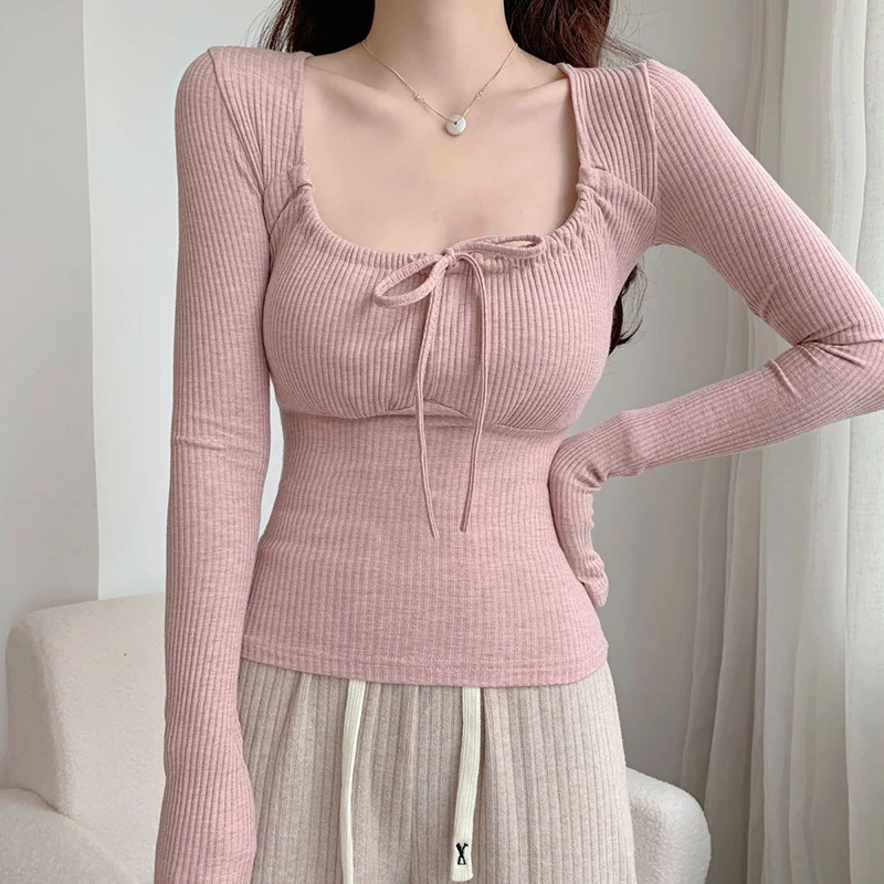 Slim Square Neck Women T Shirt Korean Sweet Bow Lace Up Long Sleeve Tops Y2K Spring New Fashion Streetwear Casual Bottoming Tees