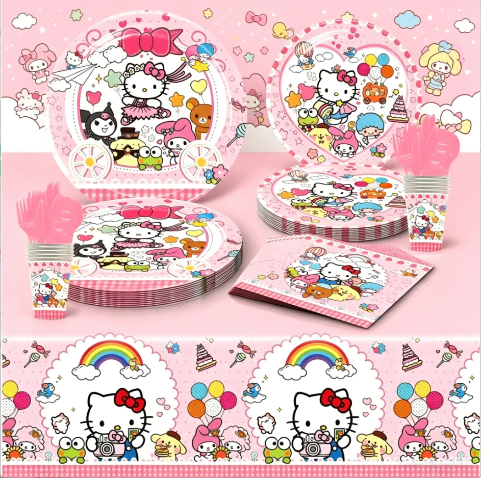 

Lovely Hello Kitty Cat Melody Theme Birthday Party Ornaments Disposable Tableware Tissue Cup Baby Shower Kids Party Essentials