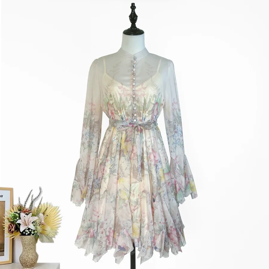 فستان قصير أنيق بأكمام طويلة وطباعة زهور للنساء، تصميم بزر واحد على شكل بتلات، خصر مرتفع، تنورة على شكل حرف A، أسلوب عملي للر...