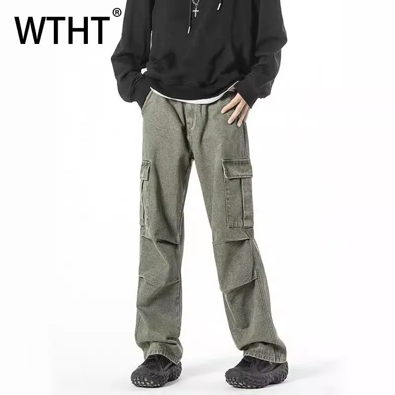 

WTHT модные мужские плиссированные карманы с карманами, джинсовые брюки-карго, винтажные широкие джинсы в американском стиле, мужская зима 2025 г., 2A2312