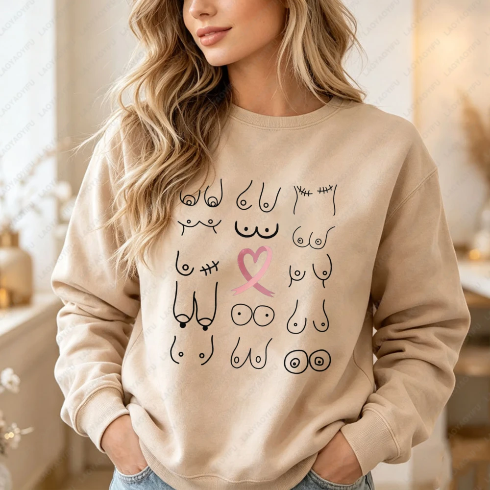 Breast Cancer Awareness Pullover Pink Ribbon Sweater Mastectomy Awareness Hoodies Breast Cancer Support Women Crewneck Hoody