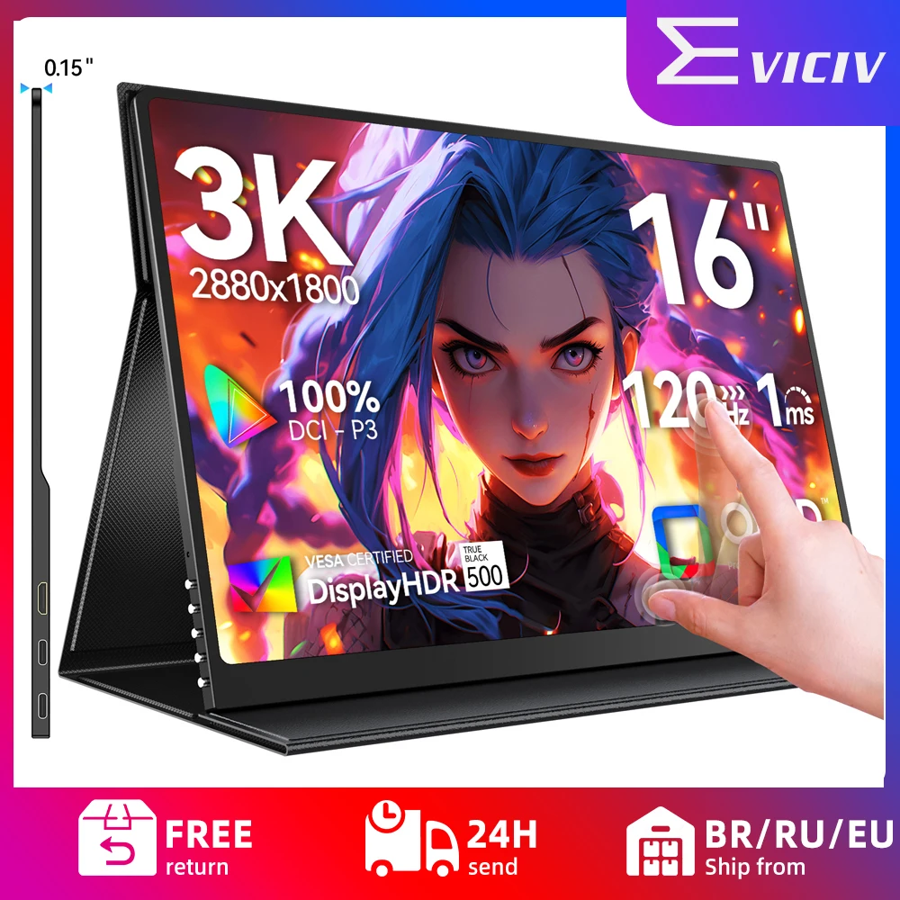 

Портативный монитор EVICIV OLED 16" сенсорный экран 3K 2880*1800 QHD 100% DCI-P3 100000:1 Multi-Touch HDR USB-C HDMI для ноутбука ПК телефона Mac игровой дисплей