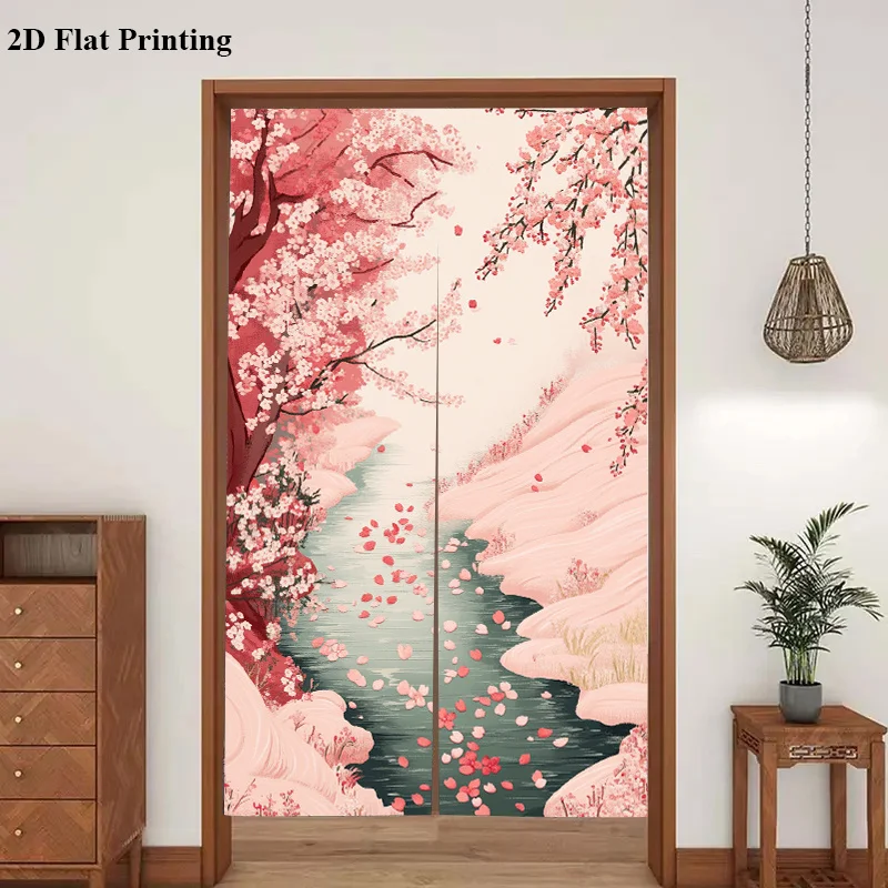 cherry blossom river door curtain spring floral scene art for bedroom living room decor Enhance spatial aesthetics Quick Setup