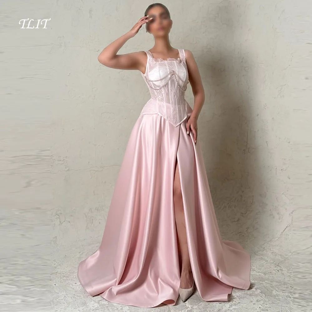 Vestidos de Noche Elegantes TLIT en Satén de Seda Rosa Bebé con Tirantes Finos, Apliques de Encaje, Cuello Cuadrado y Abertura Lateral Alta para Fiesta de Graduación 2026
