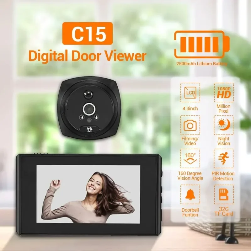 Peephole Camera para Door Viewer, Detecção de Movimento, Monitor, Digital Ring Doorbell, Video-Eye Safety Recording, 4,3 polegadas