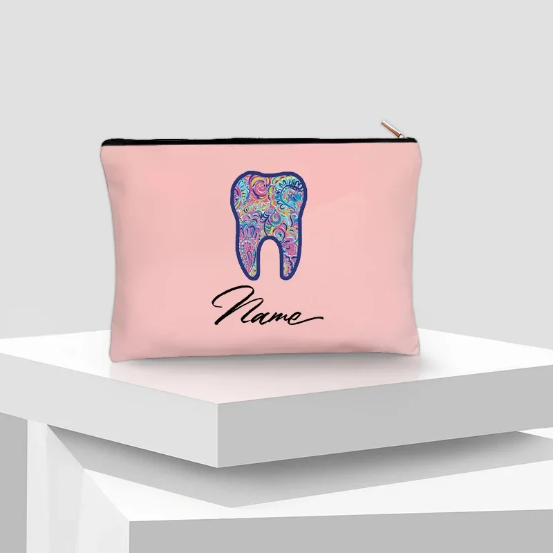 Bolsa de cosméticos con dibujos animados de dientes para mujer, estuche de lápices de viaje, bolsas de aseo de lona, bolsa de Golf, nombre personalizado, Kawaii