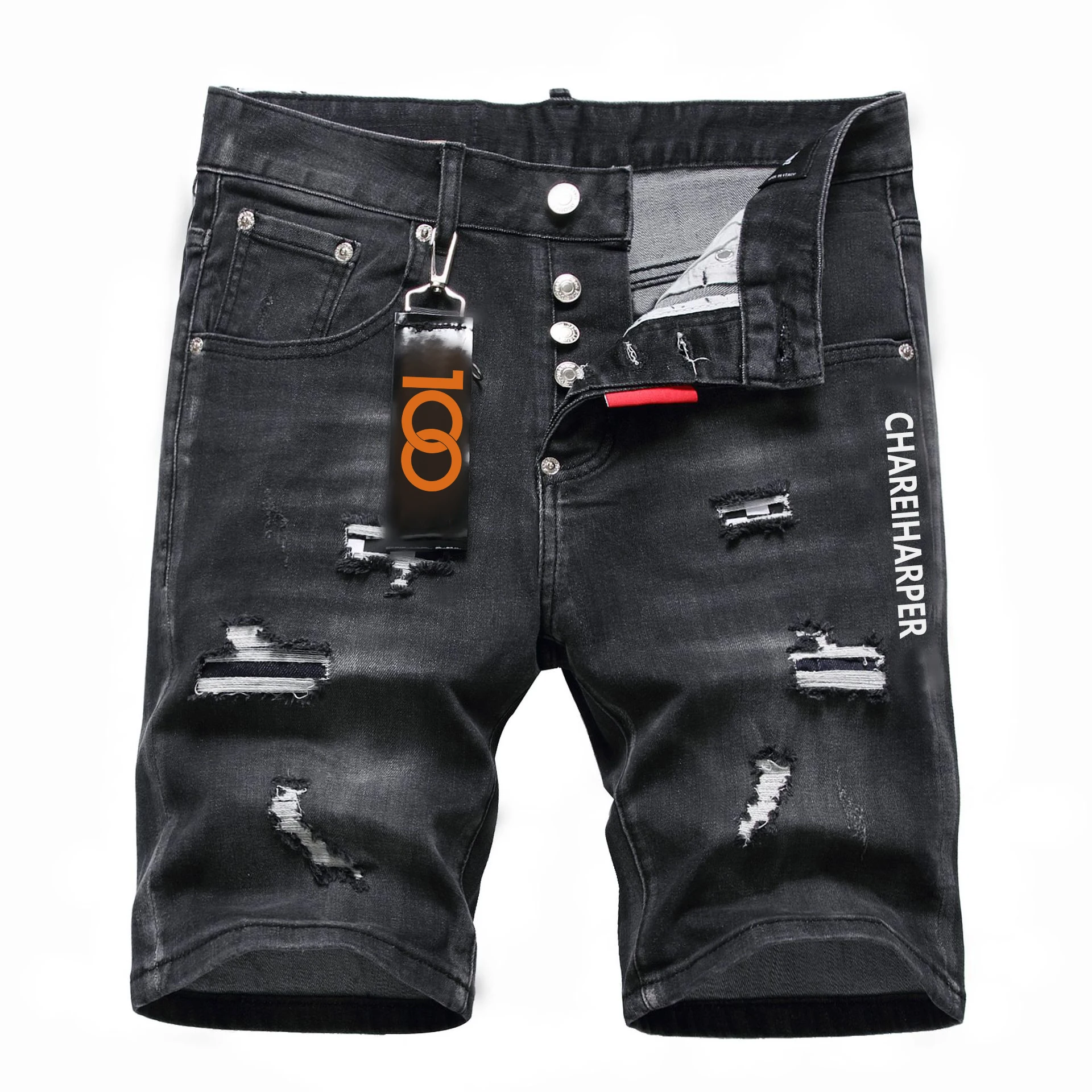 chareiharper 1105 plus size Men's denim shorts Hipster quarter pants ripped stretch slim embroidered mid-length pants