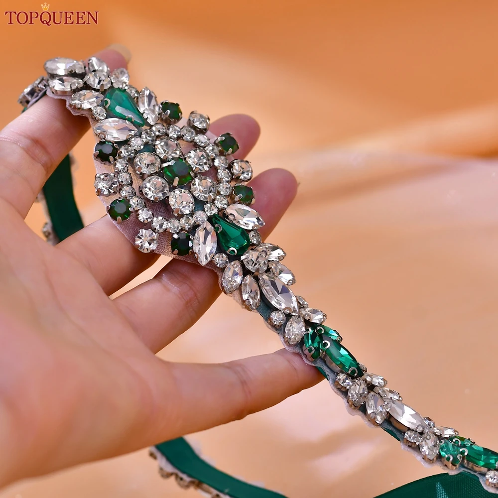 TOPQUEEN-Handmade Verde Rhinestone Cinto De Casamento, Acessórios De Noiva, Cinto De Espaguete, Decoração Do Vestido De Banquete, S124-KL