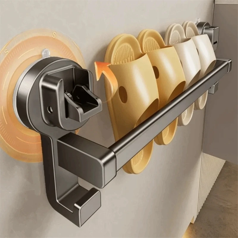 Suction Cup Towel Rack Bathroom Punch-Free Gray Bathroom Double-Pole Towel Rack Storage Rack Wall-Mounted-A27R