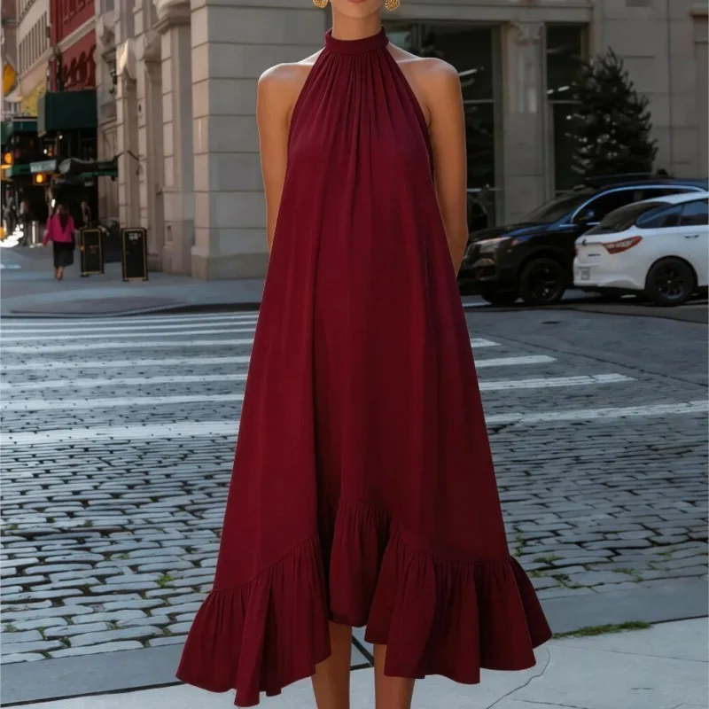 

Women Loose Summer Dress Elegant Solid color Sleeveless Halter Neck Maxi Dresses High Streetwear Party Women Clothing 2026